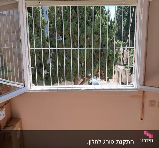 חלון עם סורגים ונוף עצים בחוץ